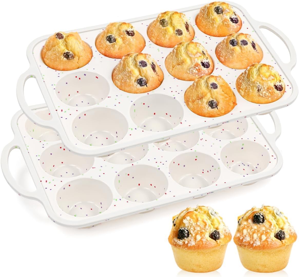 Silicone Muffin Pans for Baking, Metal Reinforced Frame 12 Cups Regular Size Silicone Cupcake Pan Nonstick Muffin Tin for Baking Muffin, Cupcake, Frittatas,BPA Free, Silicone Molds Dishwasher Safe