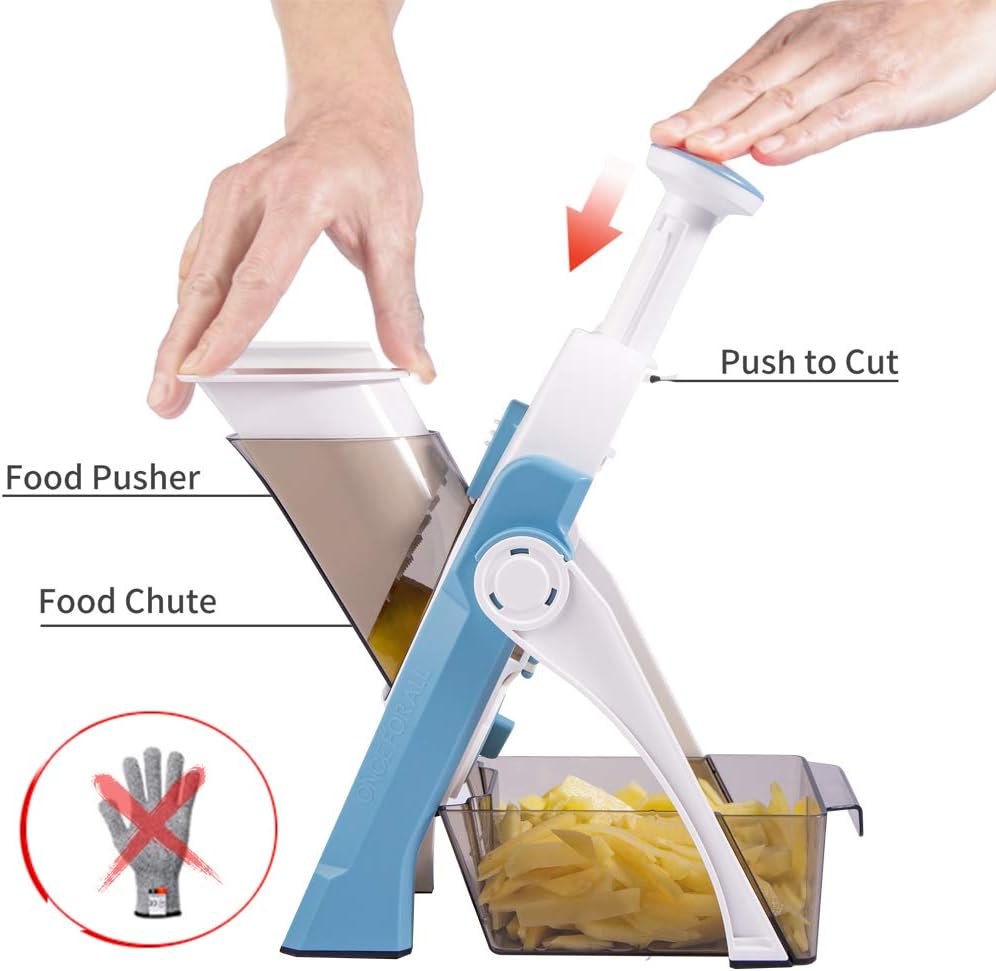 ONCE FOR ALL Safe Mandoline Slicer 5 in 1 Vegetable Chopper Food Potato Cutter, Strips Julienne Dicer Adjustable Thickness 0.1-8 mm Kitchen Chopping Artifact Fast Meal Prep (Gray)