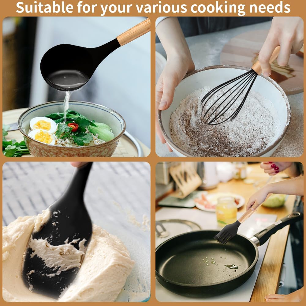 Silicone Cooking Utensils Set, 12Pcs Large Heat Resistant Kitchen Utensils, Turner Tongs, Spatula, Spoon, Wooden Handle Kitchen Gadgets with Holder for Nonstick Cookware, Dishwasher Safe (Grey)