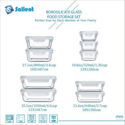S SALIENT 18 Piece Glass Food Storage Containers with Lids, Glass Meal Prep Containers, food storage Containers for Food Storage, BPA Free & Leak Proof (9 lids & 9 Containers)