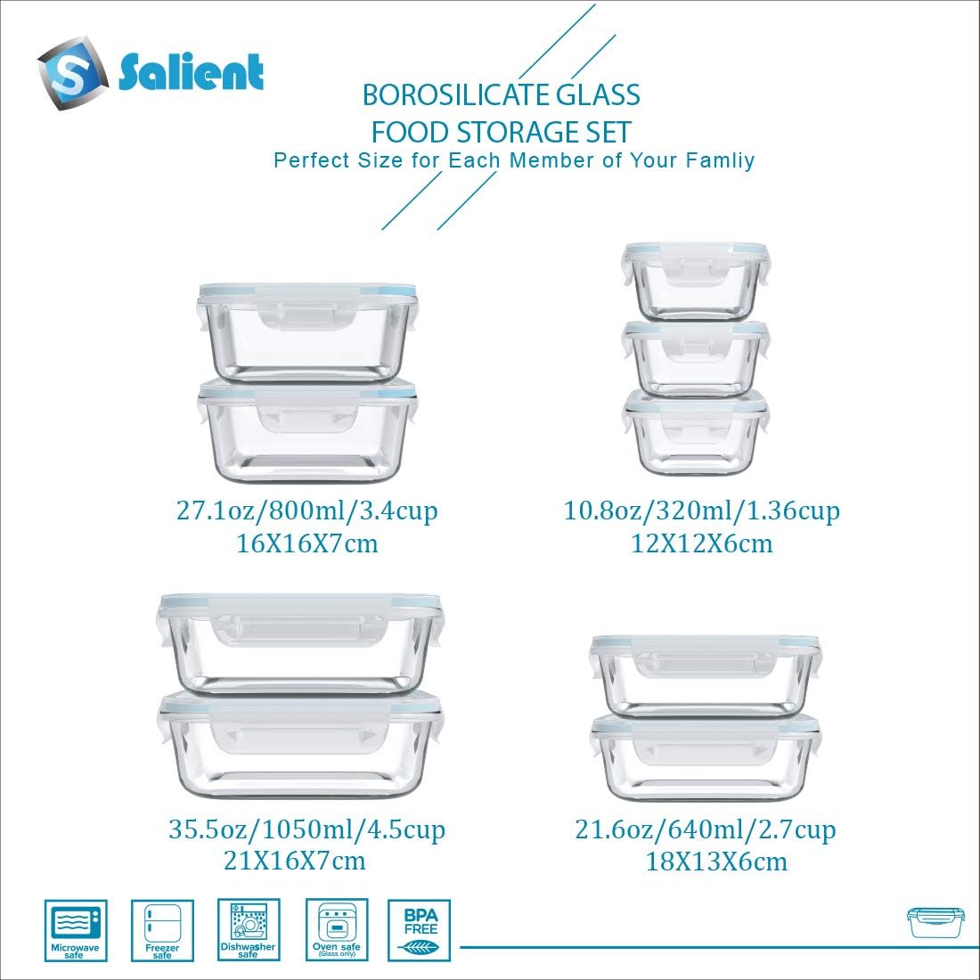 S SALIENT 18 Pieces Glass Food Storage Containers with Lids,Airtight Glass Meal Prep Containers,Glass Storage Containers Set for Kitchen,Pantry BPA Free & Leak Proof (9 lids & 9 Containers)
