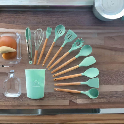 Deluxe 12-Piece Silicone Kitchen Utensils Set with Durable Cooking Tools - Heat Resistant Nonstick Cookware Essentials, Includes Spoon, Spatula, Ladle, and Utensil Set Holder (Turquoise)