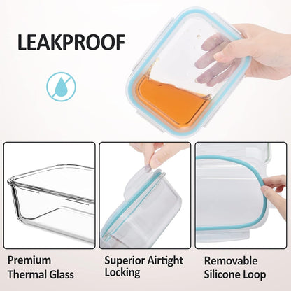Glass Food Storage Containers with Lids Airtight 6 Pack, Glass Storage Containers with Lids for Food, Not Easy Broken & Leak Proof, Oven/Dishwasher Safe, Blue