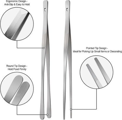 Vaincre 4PCS Kitchen Tongs Tweezers for Cooking, 12" Metal Kitchen Utensils, Stainless Steel Fine Cooking Tweezers Tongs with Precision Serrated Tips for Chef, Culinary, Serving Food, Pasta