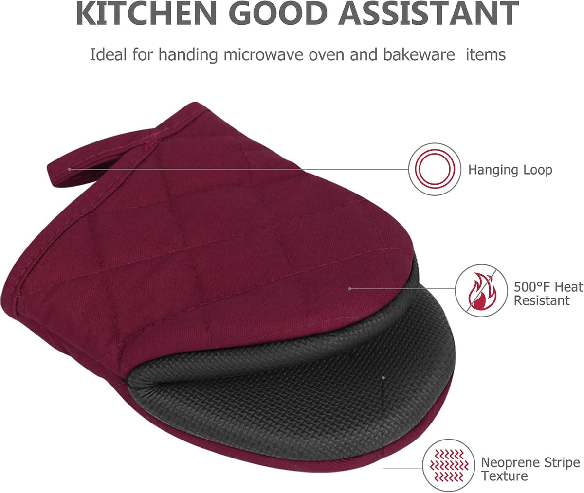 1 Pair Short Oven Mitts - Silicone Kitchen Oven Gloves High Heat Resistant 500℉, Mini Oven Mits with Non-Slip Grip Surfaces and Hanging Loop for BBQ, Baking, Cooking and Grilling (Black)