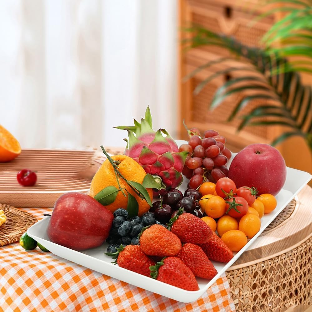 Serving Tray Platter, 4 Pack Food Tray for Veggie Fruit Snack Dessert Cookie Cheese, Food Trays for Party Supplies Display, Plastic Platters for Serving Food, Large White Trays, BPA Free