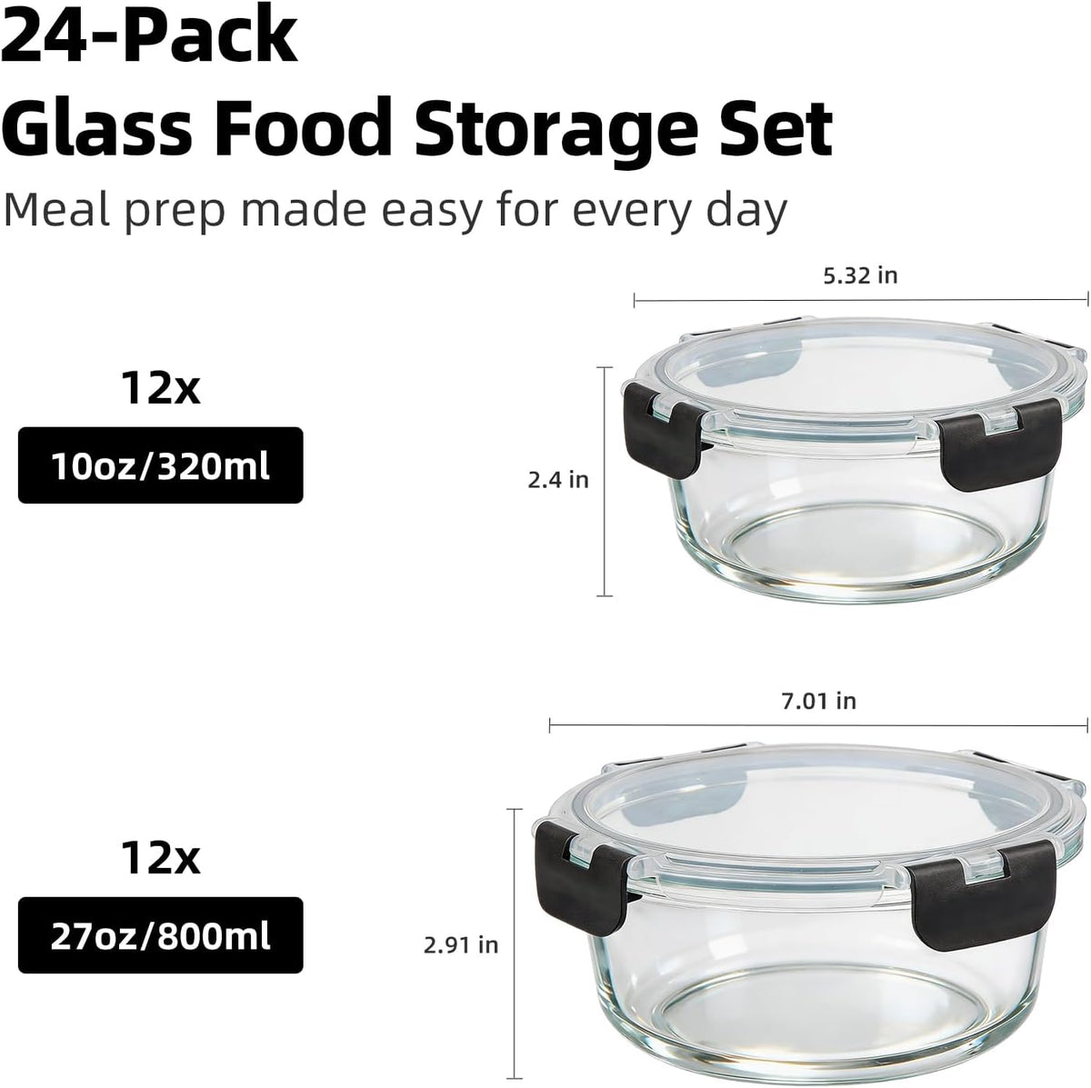 Konokyo Square Glass Food Storage Containers with Lids, 12 Pack Airtight Leakproof Meal Prep Containers, BPA-Free, Microwave Oven Freezer & Dishwasher Safe, Assorted Sizes