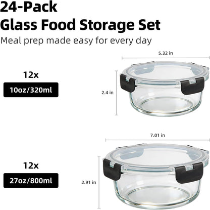Konokyo Square Glass Food Storage Containers with Lids, 12 Pack Airtight Leakproof Meal Prep Containers, BPA-Free, Microwave Oven Freezer & Dishwasher Safe, Assorted Sizes