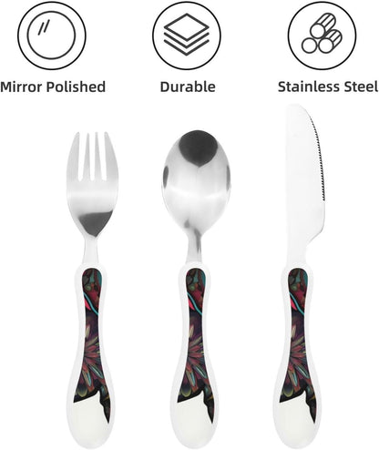 3-Piece Kids Silverware Set With Storage Case, Stainless Steel Reusable Children Safe Knife Spoon Fork Set Dragonfly Insects Flowers Children Flatware Set For Kids Lunch Box