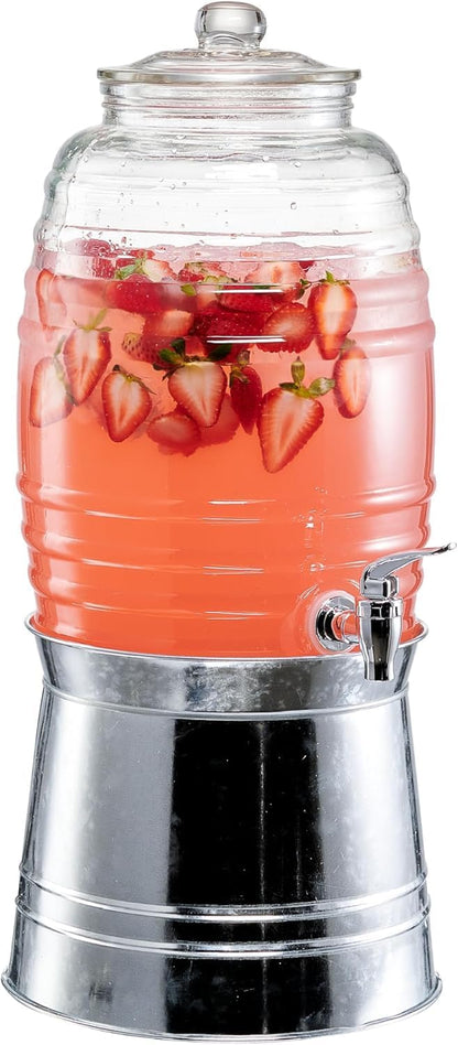 Style Setter Oak Grove Glass Beverage Dispenser with Stand - 2.5 Gallon Drink Dispenser with Galvanized Base & Leak-Proof Acrylic Spigot - Birthday, Wedding, Party Drink Dispenser with Stand