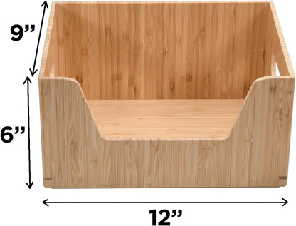 Bamboo Storage Box with Open Front Stackable Bin Organizer to use in kitchen pantries, cabinets and countertops, 14 x 11 x 6.5 inches