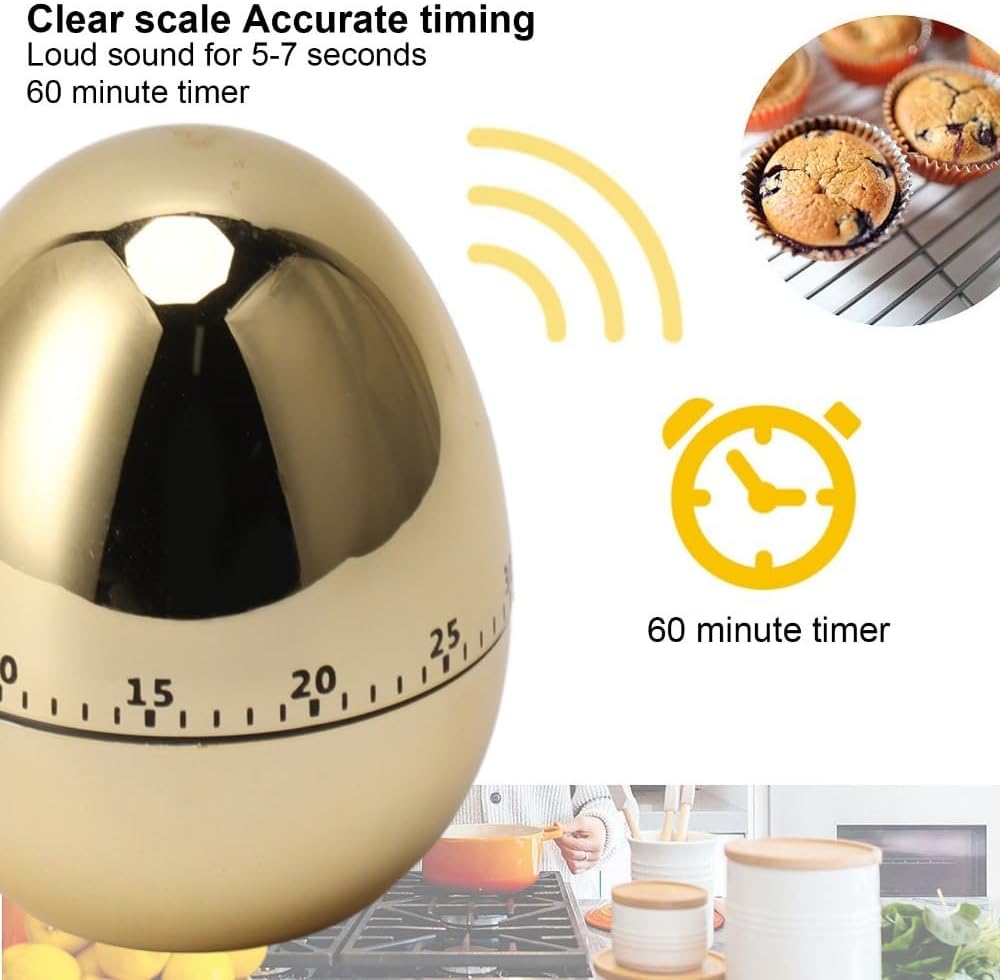 60-Minute Mechanical Kitchen Timer – Audible Alarm Egg-Shaped Design Wind-Up Alarm Clock for Cooking Baking and Study(Gold)