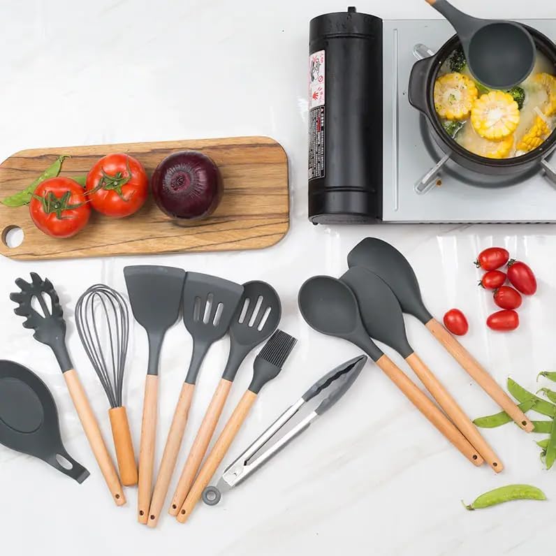 Deluxe 12-Piece Silicone Kitchen Utensils Set with Durable Cooking Utensils - Heat Resistant Nonstick Cookware Essentials, Includes Spoon, Spatula, Ladle, and Utensil Set Holder