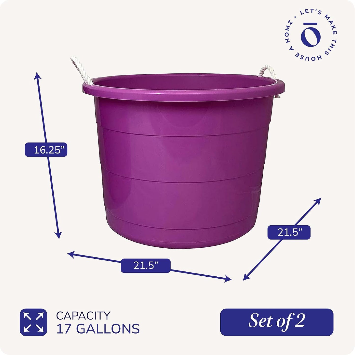 HOMZ 2-Pack Utility Tub, Large Plastic Storage Bucket with Rope Handles, 17 Gallon, Black - Portable Indoor and Outdoor Buckets for Kitchen, Laundry, Garden, Bathroom, and Garage Organization