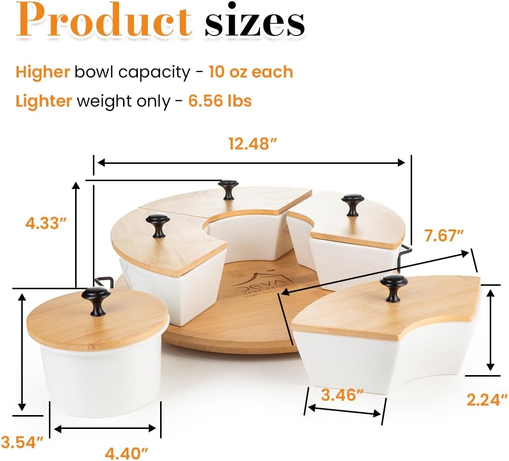 Chip and Dip Serving Set | Rotating Bamboo Lazy Susan Appetizer Tray with Black Handles | White Ceramic Bowls with Bamboo Lids | Divided Round Party Platter | Giftable