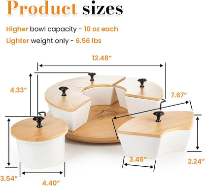 Chip and Dip Serving Set | Rotating Bamboo Lazy Susan Appetizer Tray with Black Handles | White Ceramic Bowls with Bamboo Lids | Divided Round Party Platter | Giftable