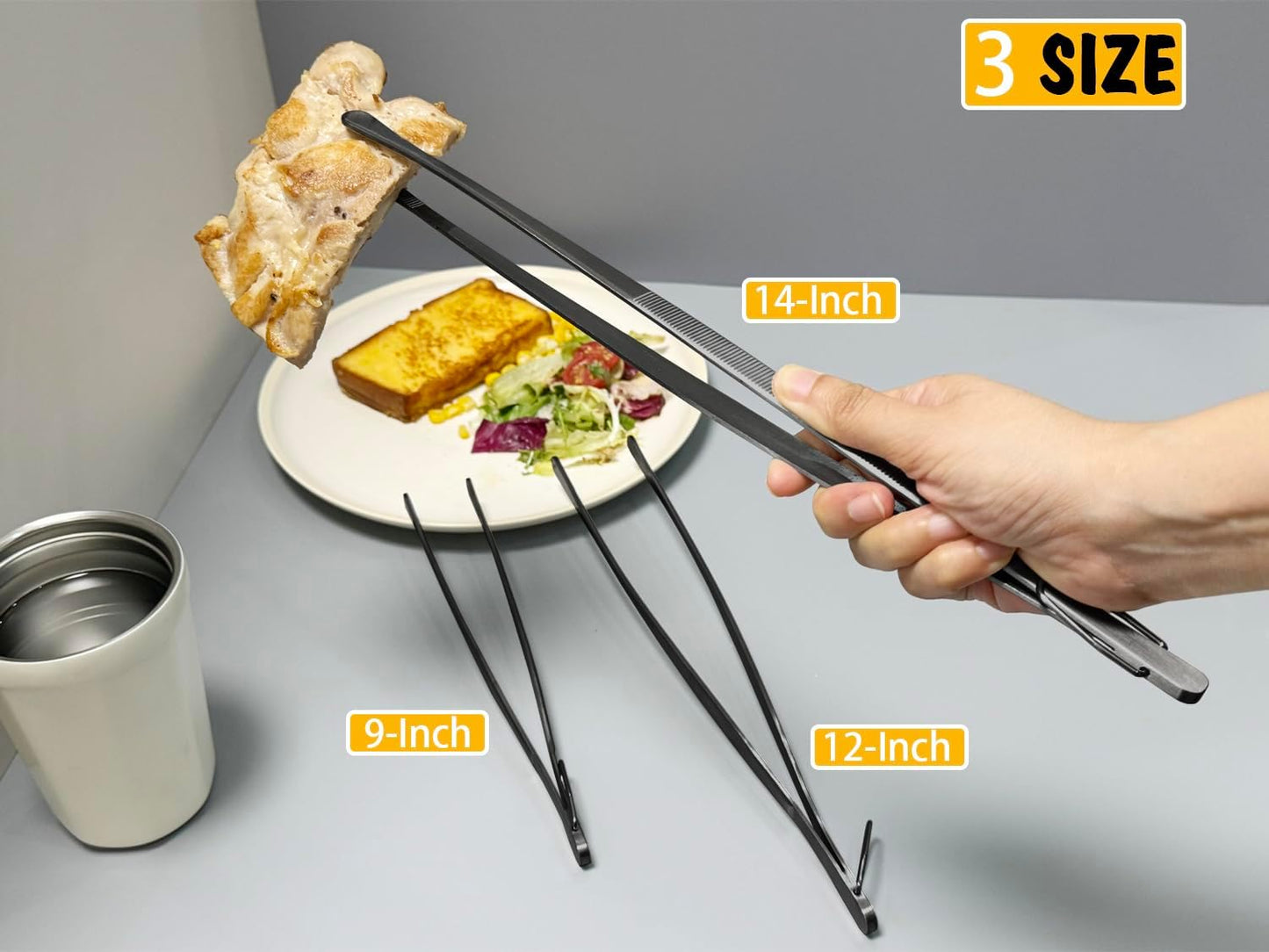 JETKONG 3 Pcs Extra Long Kitchen Tweezers 9 12 14 Inch Heavy Duty Stainless Steel Cooking Tweezers (Round Tips, Silver)