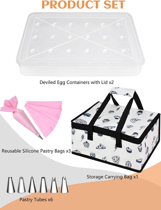 Artcome 2 PC Deviled Egg Storage Containers with Lids, Travel Carrying Bag & Pastry Decorating Kit - Stackable Egg Holder, Portable Platter for Parties, Easter, Picnics and Travel - PP Material