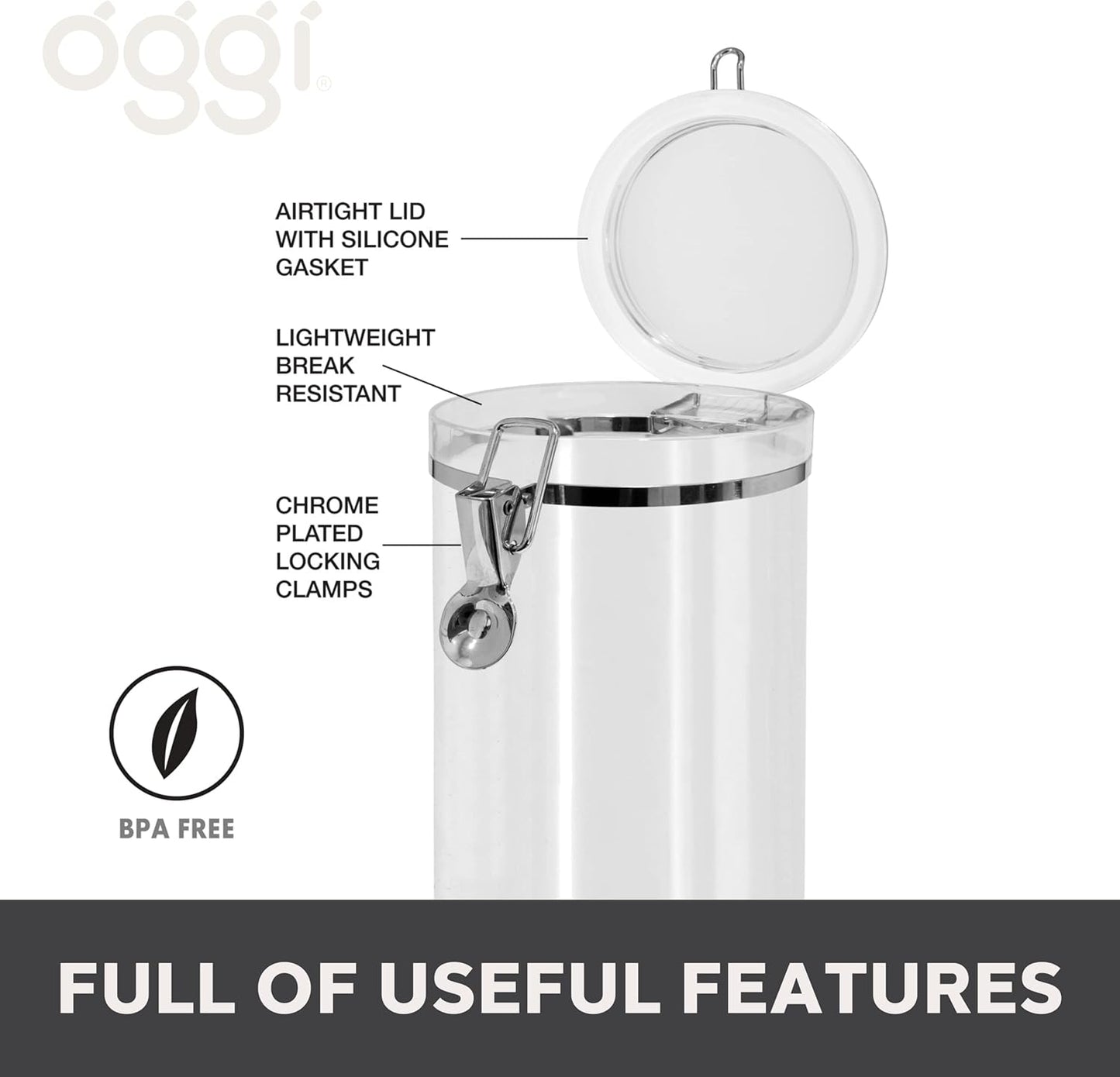 Oggi Large Clear Canister with Clamp Lid, 72 oz - Large Airtight Food Storage Container, for Kitchen & Pantry Storage of Bulk, Dry Foods, Pasta, Flour, Sugar, Coffee, Rice, Tea, Spices & Herbs