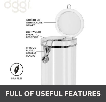 Oggi Large Clear Canister with Clamp Lid, 72 oz - Large Airtight Food Storage Container, for Kitchen & Pantry Storage of Bulk, Dry Foods, Pasta, Flour, Sugar, Coffee, Rice, Tea, Spices & Herbs