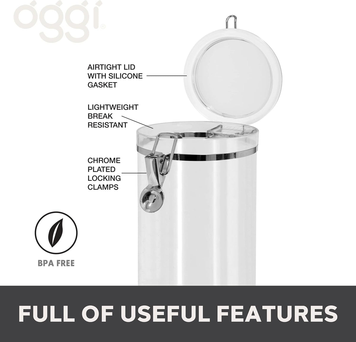 Oggi Clear Canister with Clamp Lid, 28 oz - Large Airtight Food Storage Container, for Kitchen & Pantry Storage of Bulk, Dry Foods Including Pasta, Flour, Sugar, Coffee, Rice, Tea, Spices & Herbs