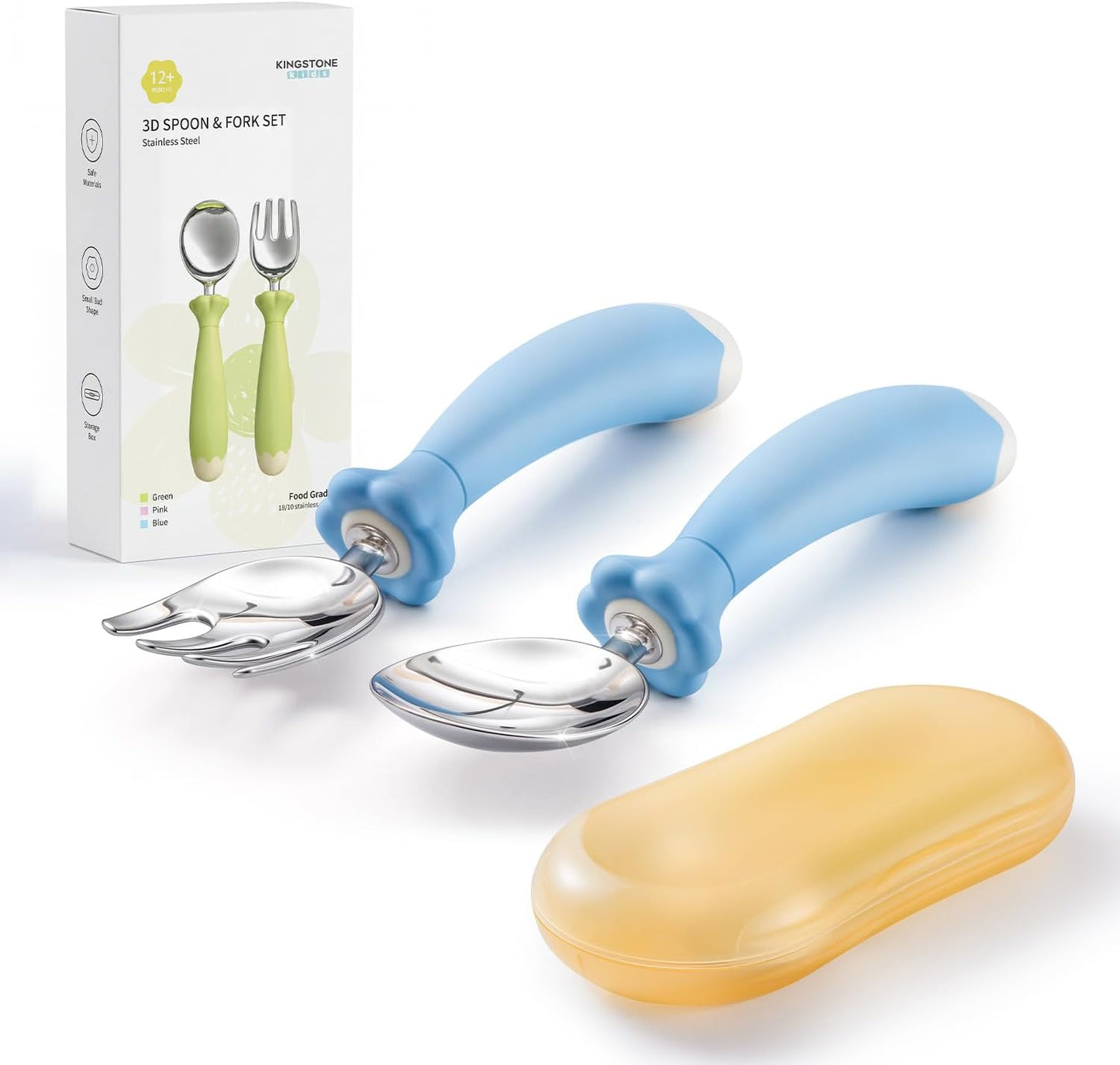 KINGSTONE Toddler Utensils with Case, Kids Silverware Set with Silicone Handles, 18/10 Stainless Steel Children Safe Forks and Spoons, Travel Carrying Cases BPA Free, Dishwasher Safe (blue)