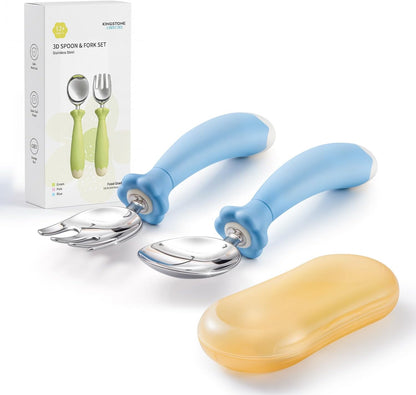 KINGSTONE Toddler Utensils with Case, Kids Silverware Set with Silicone Handles, 18/10 Stainless Steel Children Safe Forks and Spoons, Travel Carrying Cases BPA Free, Dishwasher Safe (blue)