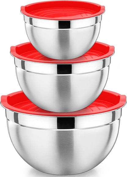 P&P CHEF Black Mixing Bowls with Lids, Set of 3, Stainless Steel Salad Nesting Bowl for Mixing, Storing, Prepping, Airtight & Stackable, Size 4.6/3 /1.5 QT
