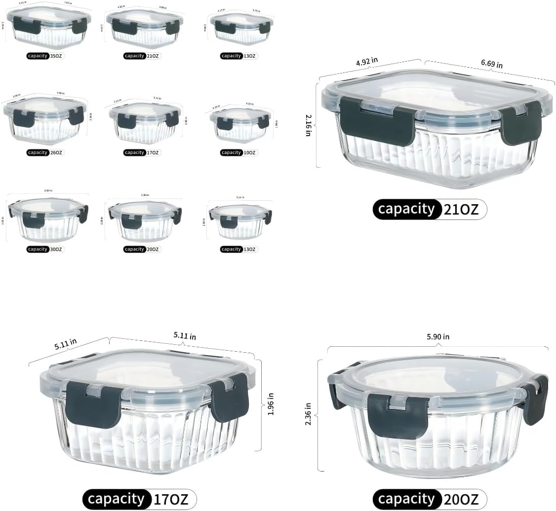 12-Piece Vertical Stripe Borosilicate Glass Food Storage Containers with Lids, Glass Meal Prep Containers, Leak-Proof Snap-Lock Sealed, BPA-Free, 10-35 oz Capacity (Large)