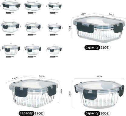 12-Piece Vertical Stripe Borosilicate Glass Food Storage Containers with Lids, Glass Meal Prep Containers, Leak-Proof Snap-Lock Sealed, BPA-Free, 10-35 oz Capacity (Large)