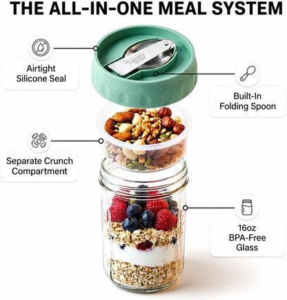 Overnight Oats Containers with Lids, 4 Pack 16 Oz Glass Mason Jars - Leakproof Meal Prep Jars, Separate Compartment, Folding Spoon, Yogurt Parfait Cups, Stackable, BPA Free