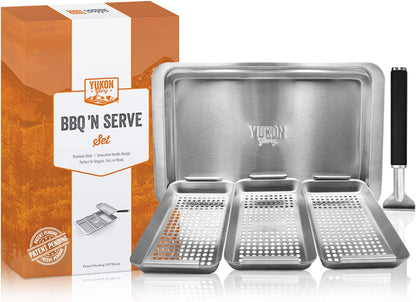 Yukon Glory™ BBQ 'N SERVE Premium Set, Includes 3 Grill Baskets, Serving Tray, Bamboo Cutting Board, Plastic Lid and Clip-on Handle
