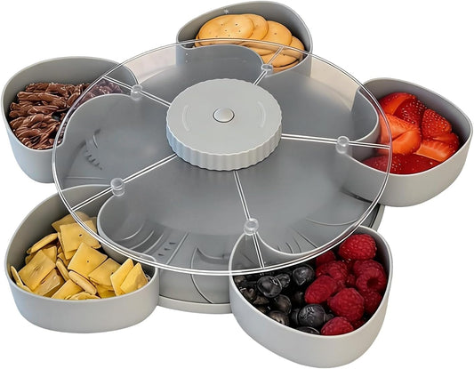 Divided Serving Tray Spins | 5-Compartment Spins Snackle Box Container | Rotating Snack Spinner Platters Serving Tray with Lid | Snack Organizer Appetizer Fruit Servings Trays for Party & Kitchen
