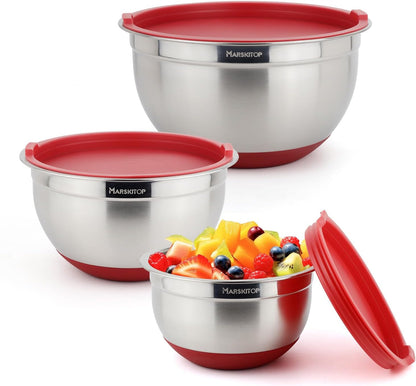 MARSKITOP Stainless Steel Mixing Bowls with Lids Set, Nesting Mixing Bowls with Airtight Lids, Measurement Marks and Red Non-Slip Bottoms, Great for Mixing and Serving, 3QT & 5QT