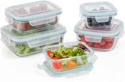 DURA LIVING Airtight Glass Food Storage Containers with Lids - 10 Piece Set, Borosilicate Glass Meal Prep Containers, Leak Proof, Oven Microwave Freezer Dishwasher Safe, BPA-Free