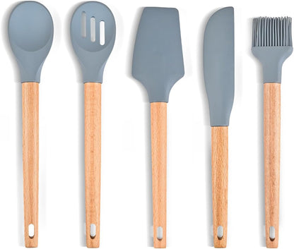 5 Pcs Silicone Spatula Set, Food Grade Rubber Spatula, Non Stick Upgrade Strong Handle with Ergonomic Grip, Heat Resistant Up to 600°F for Cooking, Baking, Mixing, Frosting