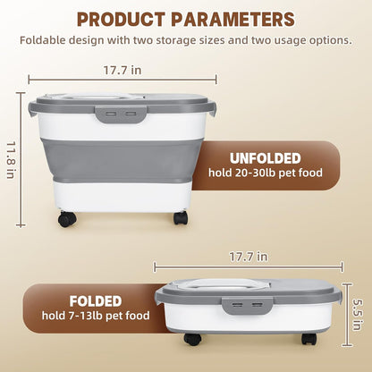 Dog Food Container, Collapsible Pet Food Storage Container 17-20 lb with Rolling Wheels & Airtight Lid, Plastic Storage Bin With Dog Food Scoop and Measuaring Cups