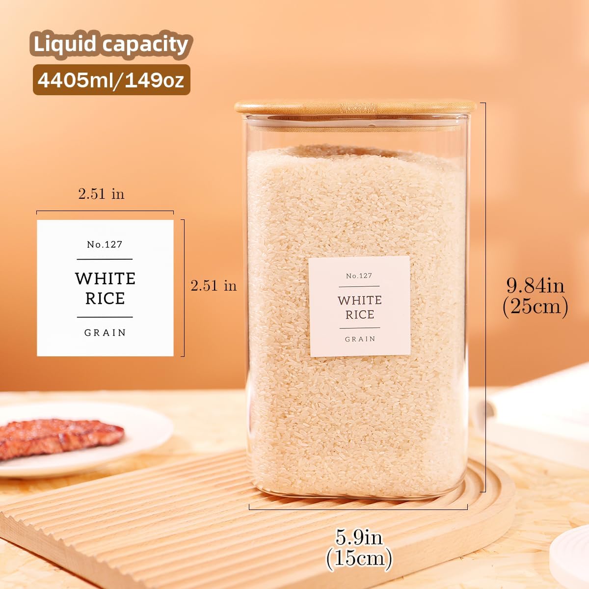 CZZGSM 2 Pack Square Glass Flour and Sugar Containers with 132 Kitchen Pantry Labels - Thicken 149 FL OZ Large Glass Storage Jars with Airtight Bamboo Lid - Big Food Canisters for Rice, Pasta, Cookie