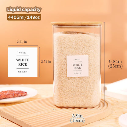 CZZGSM 2 Pack Square Glass Flour and Sugar Containers with 132 Kitchen Pantry Labels - Thicken 149 FL OZ Large Glass Storage Jars with Airtight Bamboo Lid - Big Food Canisters for Rice, Pasta, Cookie