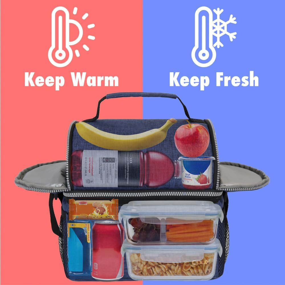 opux Insulated Lunch Bag Women Men, Dual Compartment Leakproof Lunch Box Adults Kids, Double Decker Meal Prep Bento Lunch Cooler Tote with Shoulder Strap for Work Office School Travel, Floral Purple