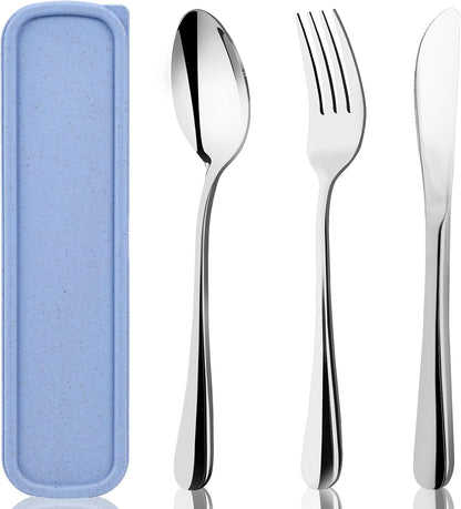 HANSGO Travel Utensils with Case, 4PCS Stainless Steel Portable Cutlery Set, Built-in Card Slot Design for Fixing Tableware, Easy-Open Lid, Lunch Box for Camping Work School, Dishwasher Safe, Beige