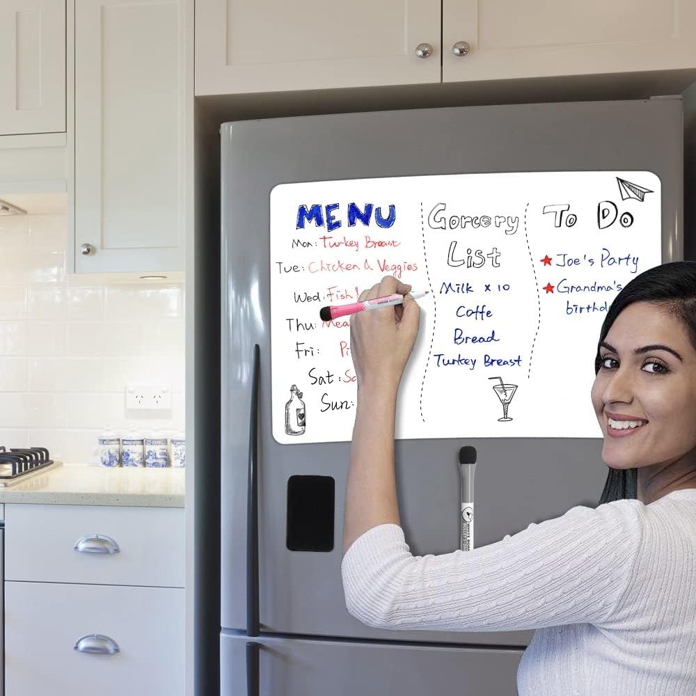 Magnetic Dry Erase Board Fridge White Board Sheet 20x13 inch, Flexible Large Refrigerator Magnets Whiteboard Planner for Home Kitchen, 2 Markers and Eraser