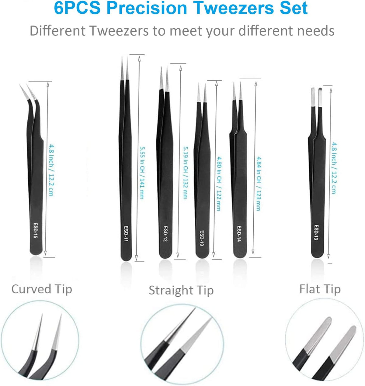 YHYZ Precision Tweezers Set, Premium Stainless Steel Anti-Static ESD Tweezes, Suitable for Tweezers, for Craft, Electronic, Soldering, Model, Hobby, Jewelry Making Laboratory