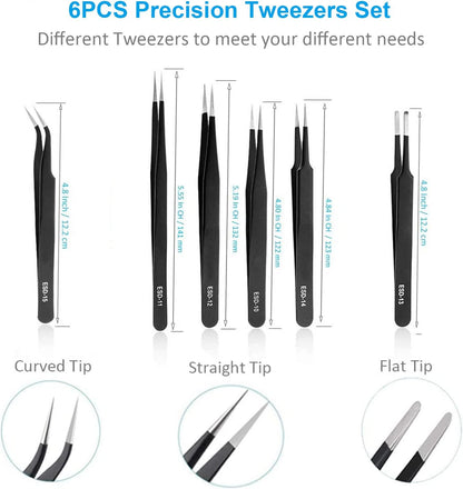 YHYZ Precision Tweezers Set, Premium Stainless Steel Anti-Static ESD Tweezes, Suitable for Tweezers, for Craft, Electronic, Soldering, Model, Hobby, Jewelry Making Laboratory
