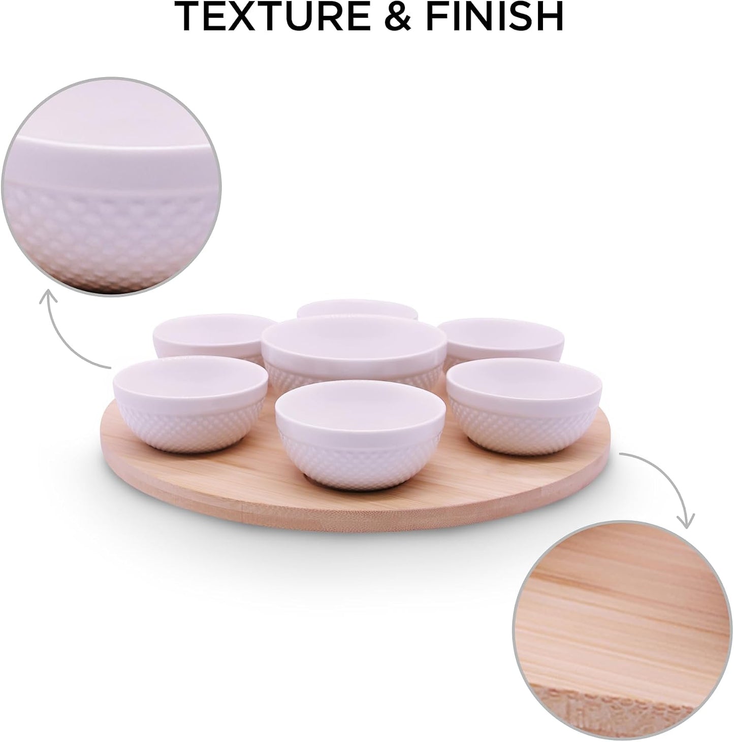 Rotating Bamboo Serving Tray with 6 Small Ceramic Condiment Bowls and 1 Larger Center Bowl - Lazy Susan Style Elegant Serving Set for Dips, Snacks, Appetizers, and More