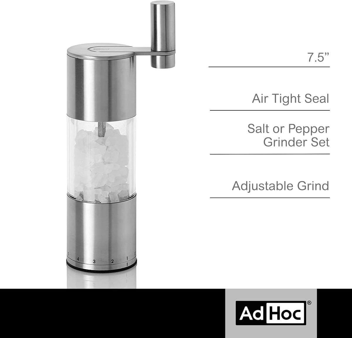 AdHoc Select Geared Salt or Pepper Grinder, Stainless Steel, 7.5"