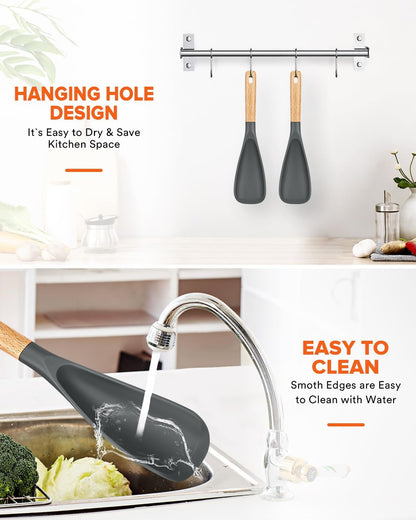 Cooking Spoon for Nonstick Cookwares, Great for Cooking and Serving Sturdy BPA-Free Matte Silicone, Wood Handle Spoon for Mixing, Scoop, and Scrape (Black & Grey, 11.4 inch)