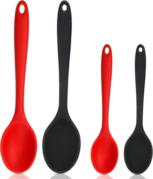 4 Pack Silicone Spoons for Cooking Silicone Mixing Spoons Heat Resistant Rubber Basting Utensil for Kitchen Cooking Baking, Stirring Serving, Large and Small(Red, Black)