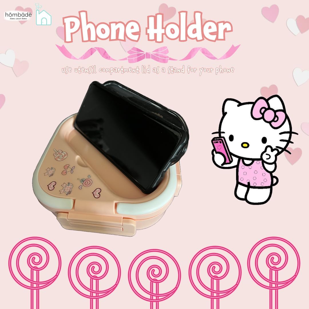 Bento Lunch Box Container Set with 3 Compartments Portable Personal Sealed Plastic Utensils Food Container Cute Kawaii Anime Kitty Bunny Dog (Pink Kitty)