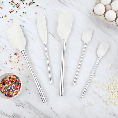 Tovolo Flex Core 5 Piece Silicone Spatula Set Heat Resistant All Silicone Utensils Include Non Stick Spatula Spoonula Jar Scraper, Dishwasher Safe BPA Free Spatulas for Baking Mixing, White